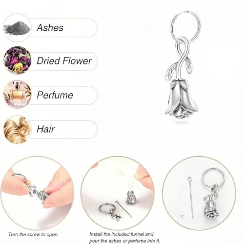 zeqingjw Urn Keychain Cremation Jewelry for Ashes Rose Flower Memorial Keychain Funeral Keepsake Ashes Pendant Gift - color: Silver