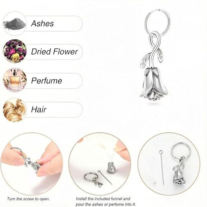 zeqingjw Urn Keychain Cremation Jewelry for Ashes Rose Flower Memorial Keychain Funeral Keepsake Ashes Pendant Gift - color: Silver