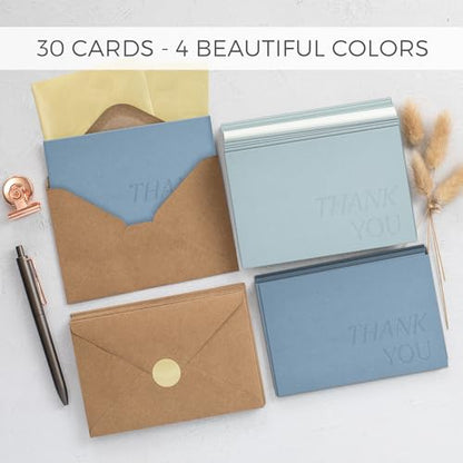ZICOTO Beautiful Thank You Cards Set of 30 With Envelopes and Stickers | Elegant Blank Cards for Personalized Notes - Bulk Stationary Set for All Occasions Incl. Weddings, Business & Baby Showers - color: Blue