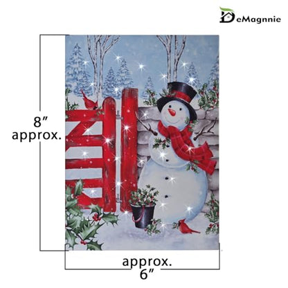 DEMAGNNIE Lighted Canvas Art 6H Timer 8x6 Snowman Tabletop Wall Dual Use - color: Snowman at Garden Gate, size: 8"L x 6"W