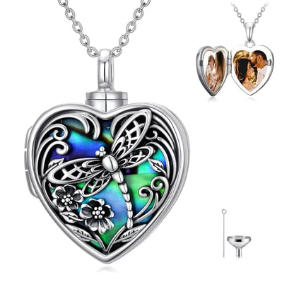 TOUPOP Heart Urn Locket Necklace for Ashes and Pictures 925 Sterling Silver Locket Cremation Jewelry with Abalone Shell Keepsake Memorial Gifts for Women（That Holds Pictures and Ashes） - style: Dragonfly