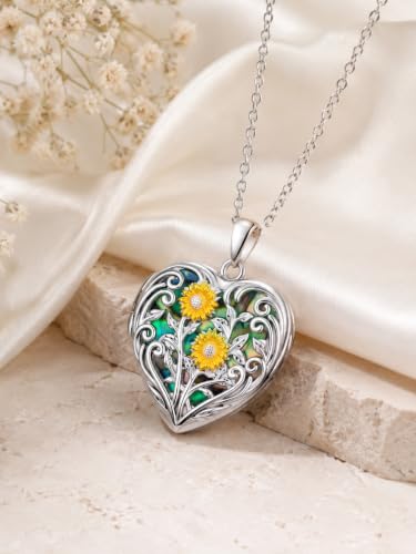 JKR Heart Picture Locket Necklace for Women That Holds Pictures Jewelry | Memorial Necklace with Picture Anniversary Birthday Gift for Women Wife Mom Girlfriend - color: Sunflower