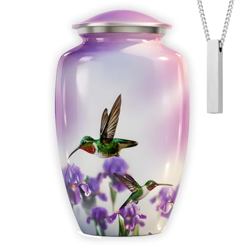 Set of 2 White Hummingbird Custom Engraved Decorative Funeral Urns for Ashes Adult Male & Female Includes 1 Large Urn & 1 Silver Necklace - color: White Hummingbird - Single