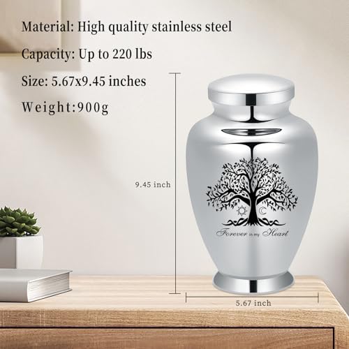 shajwo Large Cremation Urn for Ashes Human Adult Female Male Stainless Steel Tree of Life Urn for Human Ashes for Women Men Memorial Burial Funeral Decorative Urns for Ashes Keepsake Up to 220 IBS