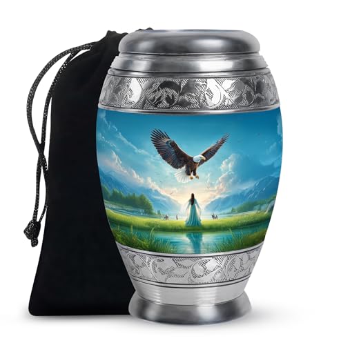 Eagle Cremation Urns for Human Ashes - Angel Urn for Ashes Adult Man - Blue Urns for Women - Large Urn for Adult Male and Women - 10Inch & 200 Cubic Inches - color: Eagle Fly With Angel Green Valley Sunset
