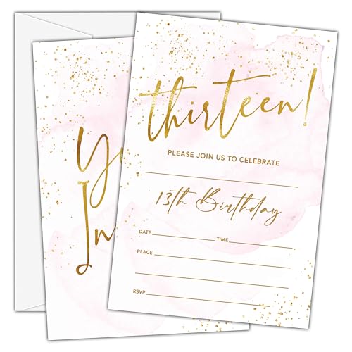 Birthday Invitations - 13th Birthday Invites with Envelopes(25-Count) - Pastel Gold Foil Fill-in Party Invite Cards for Girls Kids Party Supplies Favors Decorations - A22 - style: Pastel Gold Foil 13th