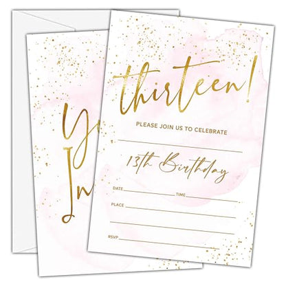 Birthday Invitations - 13th Birthday Invites with Envelopes(25-Count) - Pastel Gold Foil Fill-in Party Invite Cards for Girls Kids Party Supplies Favors Decorations - A22 - style: Pastel Gold Foil 13th