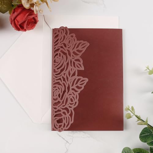 50pcs Tri Fold Wedding invitations Rose Hollow Laser Cut 5x7 '' Burgundy | Blank Wedding Invitation Cards with Envelopes and RSVP Card for Anniversary Engagement Bridal Shower Quinceanera Party Invite - color: Burgundy