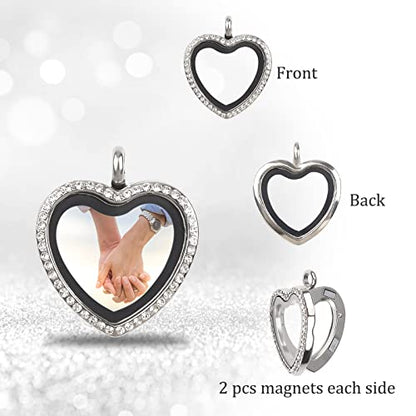 WANDIC Rhinestone Photo Charm, Rose Gold Heart Crystal Photo Pendant Bridal Wedding Bouquet Charms Living Floating Memory Locket for 2 Pictures - color: Sliver