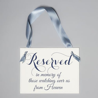 Reserved For Those Watching Over Us From Heaven Memorial Wedding Chair Sign (Navy Ink, Dusty Blue Ribbon) - color: Blue