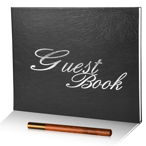 Black Leather Wedding Guest Book,Guest Book for Vacation Home,Wedding Reception,Funeral,Party,Memorial Service,10.3x8'' Embossed Silver Guestbook,House Visitor Guest Sign in Book with Pen - color: Black