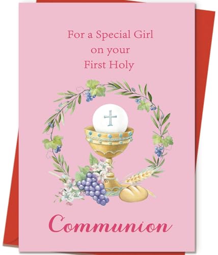 ICOOLYI First Holy Communion Card for Girls, Catholic Communion Gift | First Communion Keepsake Card with Envelope, Religious Blessing Greeting Card for Daughter Granddaughter Age 7–9 - color: WY-523