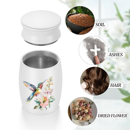 Abooxiu Small Hummingbird Mini Aluminum Memorial Urn - White, Green Pattern - 3 Inches Tall - Human Ashes Keepsake - Secure Threaded Lid - Elegant & Exquisite Craftsmanship - Decorative Urn for Adults