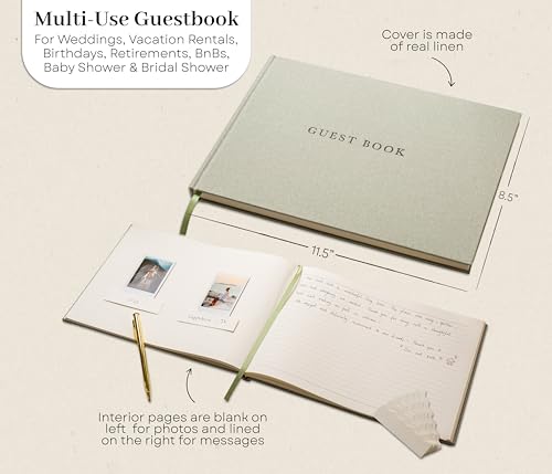 Real Linen Guest Book Set - 11.5 x 8.5 Embossed Guestbook for Weddings, Showers, Events, Blank & Lined, Comes with Sign, Pen, Box and Photo Sleeves, 120 Pages (Leaf) - color: Leaf