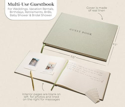 Real Linen Guest Book Set - 11.5 x 8.5 Embossed Guestbook for Weddings, Showers, Events, Blank & Lined, Comes with Sign, Pen, Box and Photo Sleeves, 120 Pages (Leaf) - color: Leaf