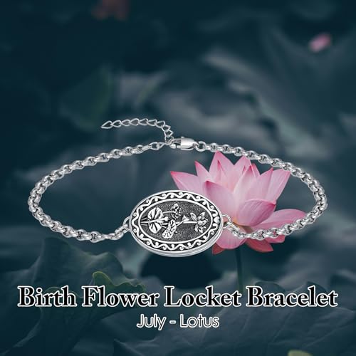Birth Flower Photo Locket Bracelet 925 Sterling Silver 12 Month Locket Bracelet with Picture Birth Flower Photo Jewelry Gifts for Women Mother Mom Daughter - style: 07-July-Lotus