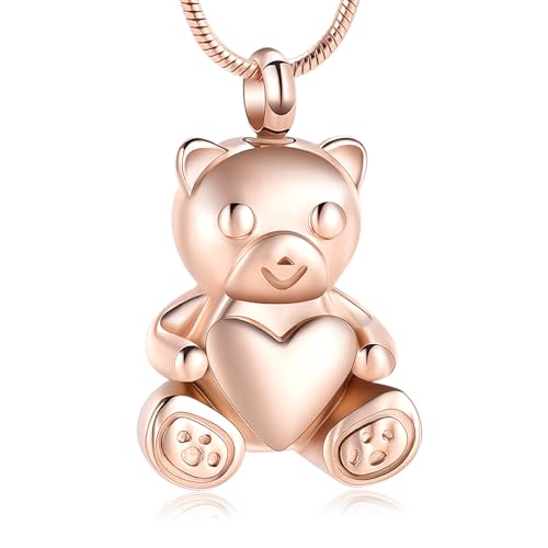 Cremation Jewelry - Teddy Bear Urn Necklace for Men Women with Mini Keepsake Urn Memorial Ash Jewelry - color: Rose gold