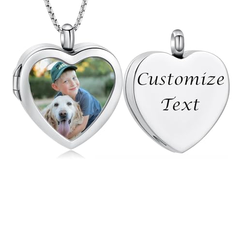 zeqingjw Glass Cremation Jewelry - Round Heart Memorial Urn Necklace for Ashes of Loved One - Stainless Steel Human Pet Dog Cat Keepsake Urn Pendant - color: Heart-Customize-B