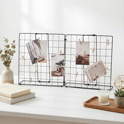Double-Sided Foldable Desktop Photo Display Board Black | 20 Wooden Clips, Message Board, Detachable to 2 Small Photo Stands, Accessory & Handcraft Display Board for Home & Office - color: Black