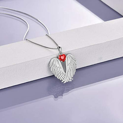 YFN Angel Wings Necklace 925 Sterling Silver Guardian Angel Wings Pendant Necklace Birthstone Necklace for Women Girls Christmas Jewelry Gifts - color: January-Red