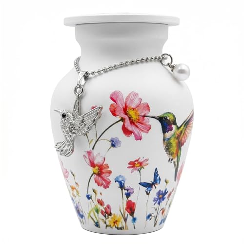 Mini Keepsake Urn for Small Portion of Human Ashes | Small Memorial Urn for Women | Funeral Burial Urn with Rhinestone Hummingbird Charm | Floral Decorative Urn for Home and Loved One
