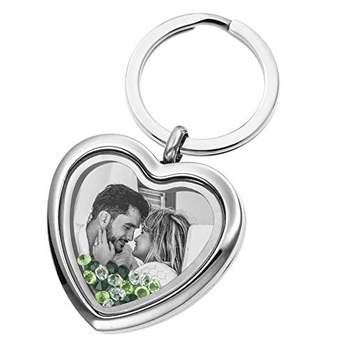 Custom Photo Text Engraved Heart Floating Living Locket Crystal Pendant Keychain - color: Green - 1 Photo Engraving