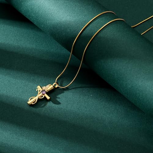 Butterfly Cross Cremation Jewelry Urn Necklaces Cross Butterfly Urn Necklaces for Ashes Memorial Keepsake Pendant for Women Men Gifts With Funnel Kit & Bag - color: Gold+Purple