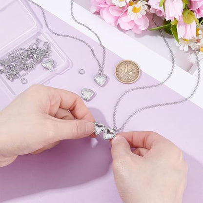 4 Sets Heart Locket Necklace Stainless Steel Photo Locket Pendant Love Shape Memory Charms Metal Heart Photo Frame Pendants for Valentine Gifts Necklace Jewelry Making