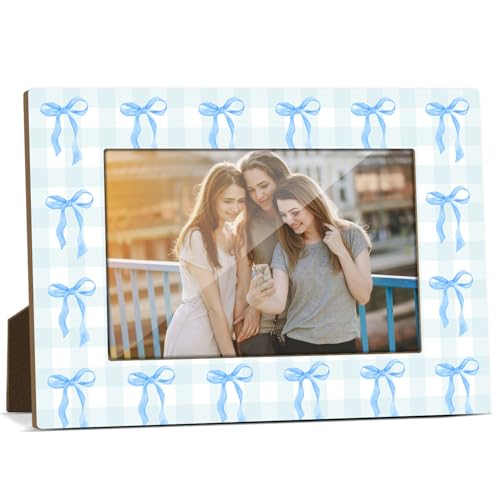 Blue Bow Picture Frame, Birthday Gifts for Sisters Girl Mom Friends Women, Wooden Picture Frame Fits 4x6 Inch Photo, Home Office Desktop Nightstand Display -072 - color: Blue Bow