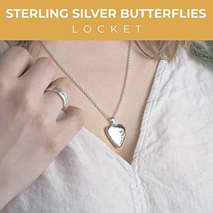 PicturesOnGold.com Personalized Heart Shaped Butterflies Photo Locket Necklace - 3/4 inch x 3/4 inch - Includes 18 inch Chain - Custom Engraved Picture Locket Necklace for Women - style: Silver - Locket Only