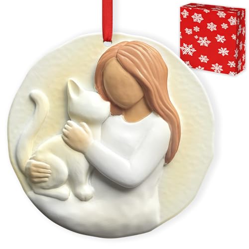 3D Cat Christmas Ornament for Christmas Tree Decorations 2026 - Cat Lover Gifts for Women, Girls, Pet Owners - Animal Lover for Resin Christmas Decorations Holiday Keepsake Gift - style: Cat & Girl