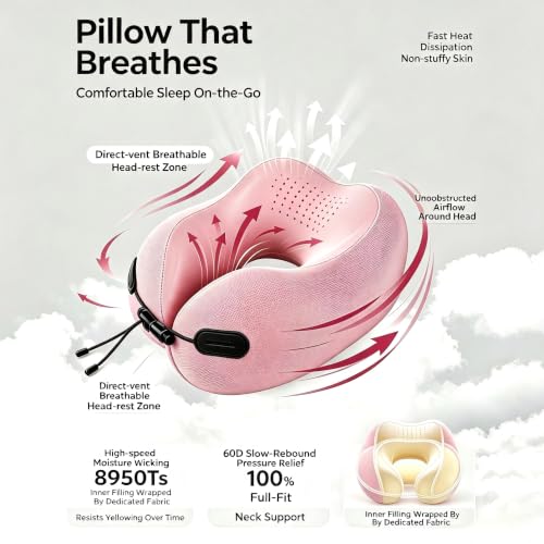 Upgraded Memory Foam Neck Pillow, Ergonomic Airplane Pillow, Washable Gear - color: Pink