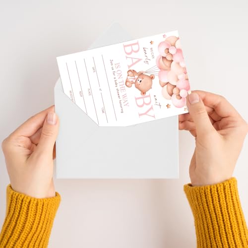 We Can Bearly Wait Baby Shower Invitations for Girls, Bear Balloon Invite Cards for Baby Announcement, 25 Set of Fill-in Baby Shower Invites with Envelopes, Gender Reveal Party Supplies -B07 - color: Pastel
