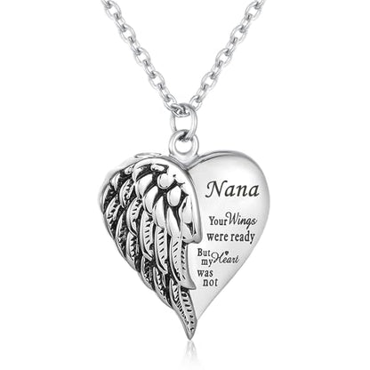 Heart Cremation Urn Necklace Human Ashes Jewelry for Women Men Engraved Your Wings were Ready but My Heart was Not Angel Wings Memorial Pendant Necklace Gift for Family Members - color: Nana