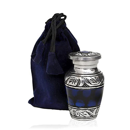 HLC Lovely Small Keepsake Urn - Blue Brass Hand Engraved Mini Memorial Affordable Keepsake Urn for Human Ashes (3 cu.in)
