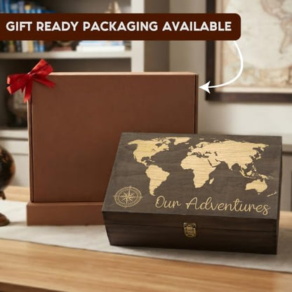 Our Adventure Engraved Wooden Keepsake Box, Memory Storage Box with Inside Engraving, Wooden Treasure Box for Travel Memories, Photos, Souvenirs, Couples & Special Moments, X-Large 14.15 x 9.5 x 4.5" - size: X-Large, style: Adventures