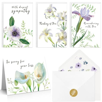 40 Pack 4x6 Floral Sympathy Cards with Envelopes Bulk | for Loss of Loved One, 4 Designs Thinking of You Cards Assortment with Sticker for Get Well, Condolence, Bereavement, All Age