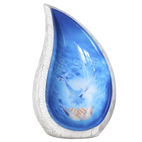 Trupoint Memorials Cremation Urns for Human Ashes, Decorative Burial Urn for Adult Men & Women – Large, White Blue Teardrop Dove - color: Blue Dove, size: Large
