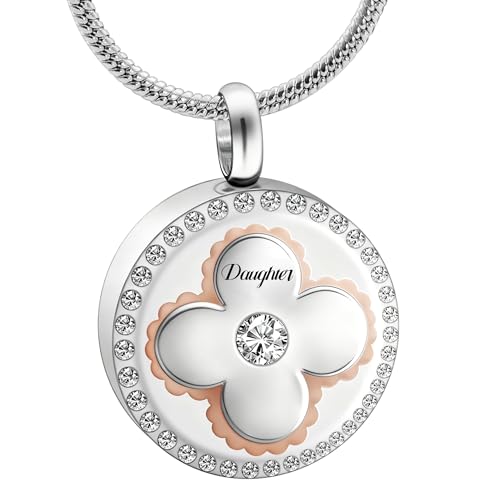 Cremation Urn Necklaces for Ashes, Round Stainless Steel Memorial Jewelry Keepsake Pendant for Women Men, Decorative Four-Leaf Clover Touch - style: Daughter