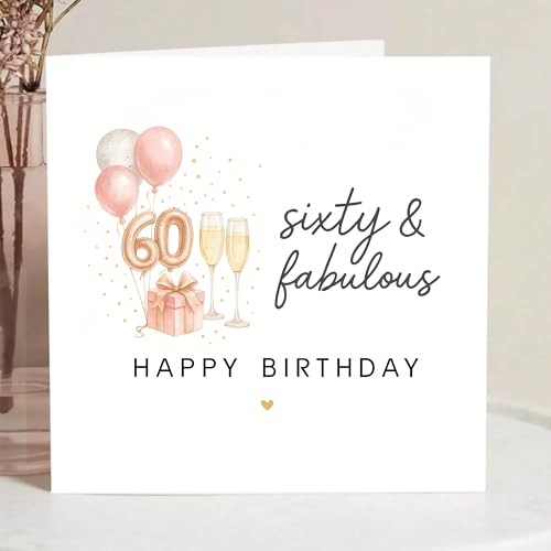 TEEMI-40th 50th 60th Birthday Card for Women - Fabulous Birthday Greeting Card with Envelope, Rose Gold Balloons Champagne Design, 300gsm Premium Cardstock, Blank Inside for Mom Sister Friend Wife (60th) - color: 60th