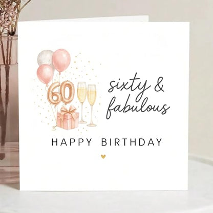 TEEMI-40th 50th 60th Birthday Card for Women - Fabulous Birthday Greeting Card with Envelope, Rose Gold Balloons Champagne Design, 300gsm Premium Cardstock, Blank Inside for Mom Sister Friend Wife (60th) - color: 60th