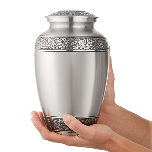 Reminded Cremation Memorial Urn for Human Ashes, Silver Adult Funeral Urn with Velvet Bag - color: Silver