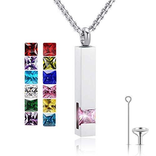 YOUFENG Urn Necklaces for Ashes Birthstone Cube Urns for Human Ashes Memorial Cremation Urn Locket Keepsake Ashes Jewelry - style: Silver - October