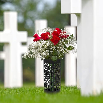 M METERXITY 2-Pack Cemetery Vases with Spikes, Plastic Flower Holder Grave Decorations Drainage Holes for Gravestone/Headstone/Memorial/Cemetery/Grave Markers, Floral Holder Vases [Black]