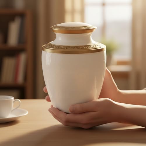 Family Tribute Eco-Friendly White & Gold Cremation Urn for Ashes Set – Large Adult Funeral Urn (220lbs) with 1 Memorial Necklaces (White & Gold Large Urn, URN Set) - color: White & Gold Large Urn