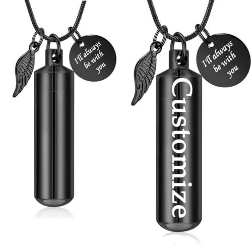 Cylinder Urn Necklace for Ashes with Glass Vials Cremation Jewelry Stainless Steel Ash Holder Keepsake Memorial Jewelry with Fill Tool - color: Customize-B