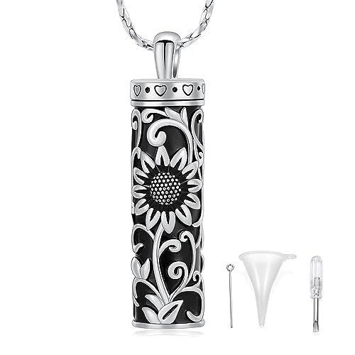 Sunflower Urn Necklace for Ashes Cylinder Bar Necklace for Ashes for Women Pendant Keepsake for Ashes Memory Cremation Jewelry Sunflower Celtic Necklace Jewelry for Women - color: Silver