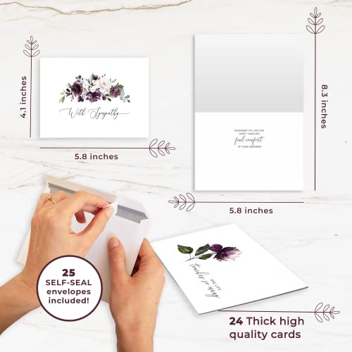 Sympathy Cards with Envelopes - 24 Pre-Scored Sympathy Cards with a Sentimental Design and a Thoughtful Message - 4 Unique Condolences Card Designs (Purple)