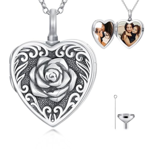 PELOVNY Urn Necklaces for Ashes of Loved Ones 925 Sterling Silver Personalized Heart Locket Urn Necklace Cremation Keepsake Memorial Jewelry Gifts for Women Men - color: Rose Locket Urn