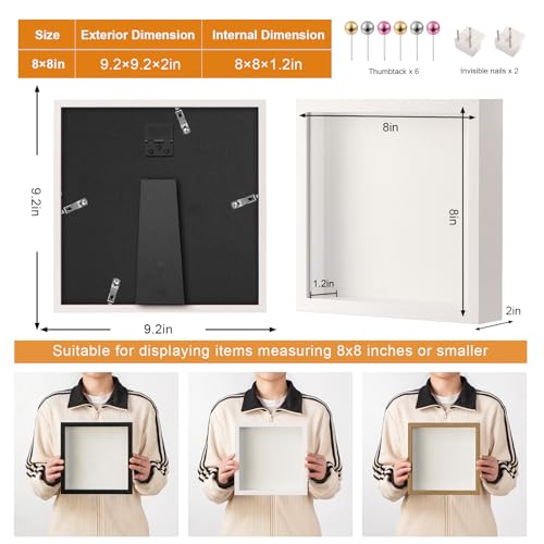 8x8 Shadow Box Frame with Ultra-Clear Glass & Soft Linen Back - color: White+high Definition Panel + Shatter-proof Packaging, size: 8x8